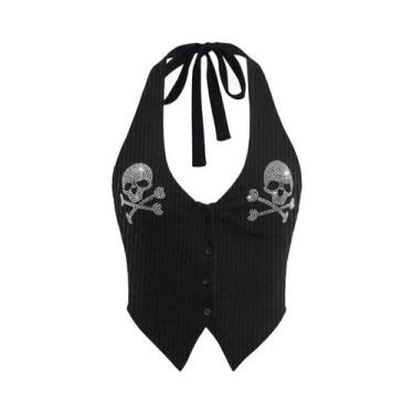 Imagem de Camiseta Cropped Gótica Com Estampa De Esqueleto Em Strass Y2K Grunge 