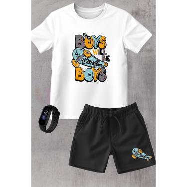 Imagem de Kit Conjunto Infantil Moletinho Camiseta e Short Moda Verão Skate Street Brooklyn com Relógio-Unissex