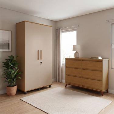 Imagem de Conjunto Cômoda Londres 6 Gavetas e Roupeiro Solteiro Ouro 2 Portas para o Dormitório -...