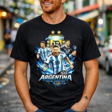 Imagem de Camiseta Masculina Preta Seleção Argentina Torcedor Copa Escudo Algodão 30.1 Penteado P...