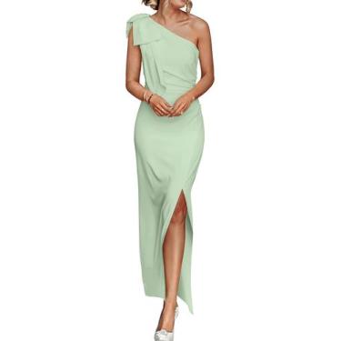 Imagem de Vestido PRETTYGARDEN Maxi Justo com Ombro Único Franzido Verde Claro P