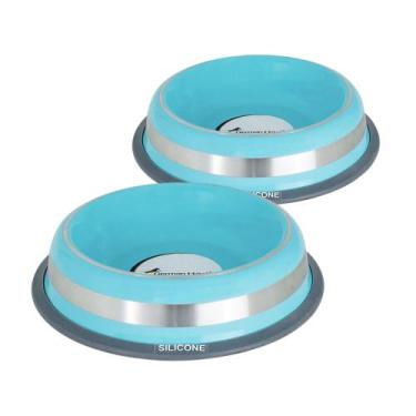 Imagem de Kit 2 Comedouros Inox 850ml Prestige Azul Antiderrapante Resistente Ba