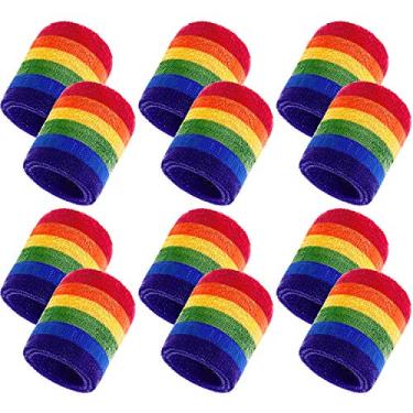 Imagem de Bememo Pacote com 12 faixas de transpiração listradas para pulsos esportivos pulseira de algodão pulseira faixa de suor para homens e mulheres, boa para tênis, basquete, corrida, academia, malhar, Rainbow