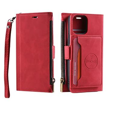 Imagem de Capa de couro para iPhone 14/14 Pro/14 Plus/14 Pro Max, capa de telefone carteira flip com alça de suporte para cartão suporte com zíper capa magnética fólio, vermelho, 14 6,1 polegadas