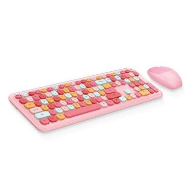 Imagem de Combinação de Teclado e Mouse de 110 Teclas para Meninas, Teclado retrô de Cores Misturadas Com Conjunto de Mouse Fofo, Mouse Sem Fio de 1200 DPI 3 Teclas para PC de Jogos (Conjunto de teclado e mouse de cores mistas rosa)