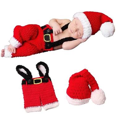 Imagem de AIXIANG Conjunto de adereços para fotos de Natal para recém-nascidos – chapéu de Papai Noel e macacão (serve para 0 a 2 meses/até 5,4 kg) - Malha elástica para fotos do primeiro Natal do bebê