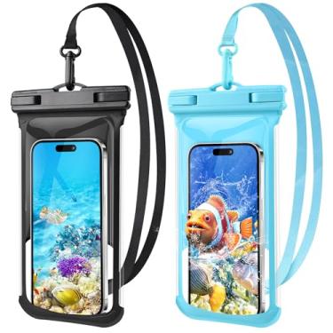 Imagem de Pacote com 2 bolsas de telefone à prova d'água - Design 3D 19.1 cm capa impermeável para iPhone 15/14/13/12/11 Pro Max Plus Samsung, IPX8 bolsa seca para celular Beach Cruise Essentials, preto + azul