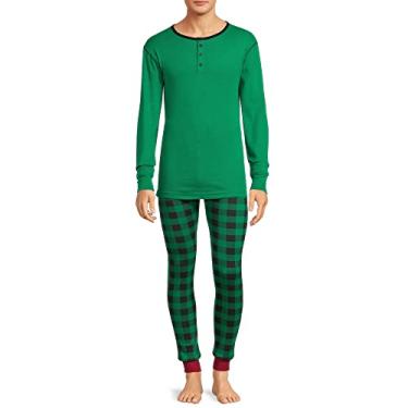 Imagem de Hanes Conjunto de pijama masculino com calça comprida e top 100% algodão canelado combinando - Conjunto de pijama quente e confortável - Conjunto de pijama de inverno macio, Búfalo verde, G