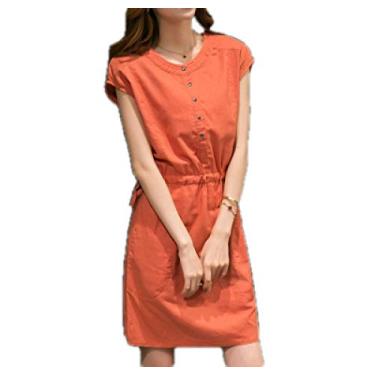 Imagem de Vestido de algodão simples de cintura alta para meninas bolso decorativo botões vestidos de cintura plus size roupas femininas, Laranja, GG