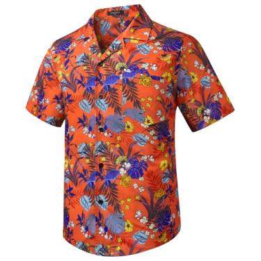Imagem de Camisas masculinas havaianas de manga curta com botões tropicais Aloha camisa casual verão Havaí praia camisas, 14-laranja/azul/amarela, G