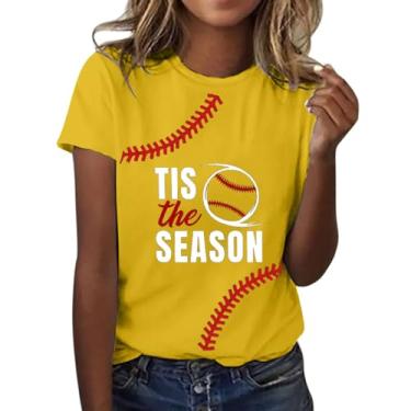 Imagem de Camiseta feminina de beisebol com letras de mãe, gola redonda, manga curta, caimento solto, casual, túnica, camisa de verão, Amarelo - 2, GG