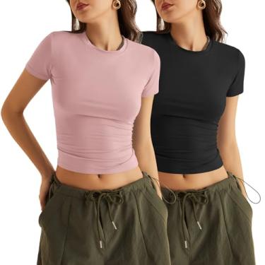 Imagem de KTILG Camisetas femininas modernas/treino/lounge, básicas, elásticas, justas, justas, PP-3GG, A_2 Pack_preto e cinza rosa _manga curta, XXG