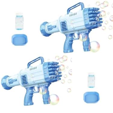 Imagem de KIT 2 Lança Bolhas DE Sabão Pistola G Bazuka ARMA De Brinquedo SOPRO 32 FUROS AUTO VOLUME DE BOLHAS AUTOMÁTICA ELETRICA BOLINHA MAQUINA ARMINHA 27CM (AZUL)