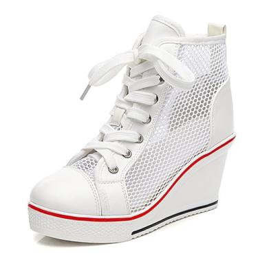 Imagem de ALLINNINE Tênis feminino de salto alto moderno de lona cano alto com cadarço borda cunha zíper inclinado sapatos tamanho 4-11, Rede branca, 40