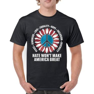 Imagem de Camiseta masculina Hate Won't Make America Great Peace Kindness Love Equality Hope Inclusion Diversity Peace Sign, Preto, 4G