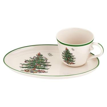 Imagem de Spode Conjunto de sopa e sanduíche de árvore de Natal - Bandeja oval de 28 cm e caneca de 473 g - Utensílios de barro, micro-ondas, máquina de lavar louça, seguro para forno - Decoração tradicional de