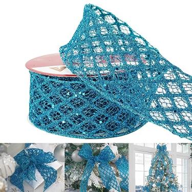 Imagem de HUIHUANG Fita com fio turquesa 6,8 cm, fita de borda de arame de diamante de Natal para árvore de Natal, fazer arcos, suprimentos de guirlanda, guirlanda, decoração de casa, artesanato - contínuo 10 jardas