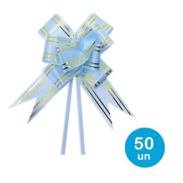 Imagem de Laço fácil p/ presentes 20cm - Azul Claro c/ dourado 50un - Rio Tijuca