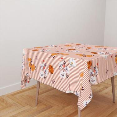 Imagem de Toalha De Mesa Quadrada 4 Lugares Tecido Oxford Flores Laranjas Listra