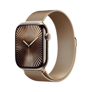 Imagem de Apple Watch Series 10 GPS + Cellular • Caixa dourada de titânio – 46 mm • Pulseira dourada estilo milanês M/G