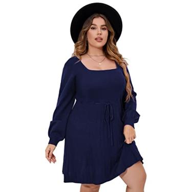Imagem de Vestido feminino plus size casual gola quadrada manga lanterna longa gravata cintura pulôver pulôver solto, Azul-marinho 1, 4G