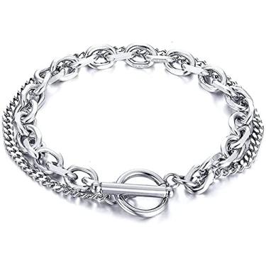 Imagem de Rockyu Pulseira masculina simples, prata, corrente de 2 fileiras Kihei, aço inoxidável, hipoalergênico, acessório de festa, presente de dia dos pais, ワンサイズ, Aço inoxidável
