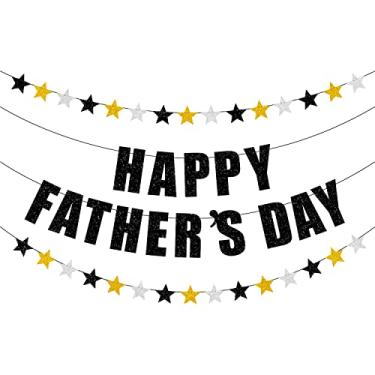 Imagem de Banner Happy Father's Day, banner azul brilhante feliz dia dos pais com borla, decorações de festa do dia dos pais, suprimentos de festa do dia dos pais, guirlanda para o dia dos pais (estrela prata dourada preta)