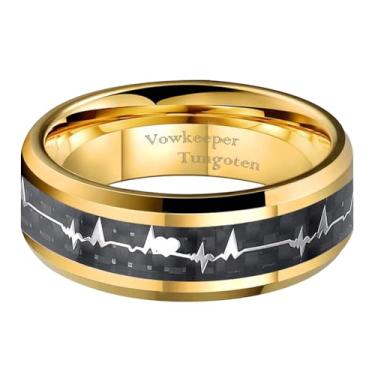 Imagem de VowKeeper Anel de casamento masculino de tungstênio de ouro de 8 mm, incrustado com design moderno de batimento cardíaco, ideal para casamento, noivado e compromisso, anel de presente unissex tamanho