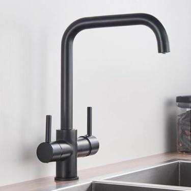 Imagem de Torneira de cozinha de água purificada de níquel escovado com duas alças e torneira misturadora quente e fria, torneira de filtro de água pura de latão cromado, preto fosco