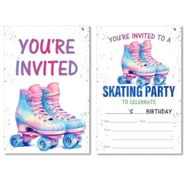 Imagem de Conjunto de 20 convites de aniversário para patinação em patins rosa roxo para festas de skate com envelopes