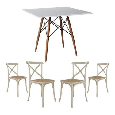 Imagem de Jogo de Mesa Eiffel Quadrado Tampo de Madeira 90cm Branco com 4 Cadeir