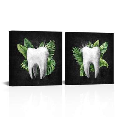 Imagem de HOMEOART Decoração de escritório odontológico impressões de pintura de dentes engraçadas decoração de casa de banho decoração de parede de escritório dentista, emoldurado 30 x 30 cm x 2 peças (preto,
