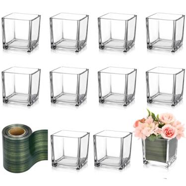 Imagem de Kritkin 12 vasos de vidro quadrados, 7,6 x 7,6 cm e 2 rolos de 6 cm x 30 metros, fita floral de folhas, vaso de cubo de vidro transparente, vasos de flores quadrados para centros de mesa, castiçais,