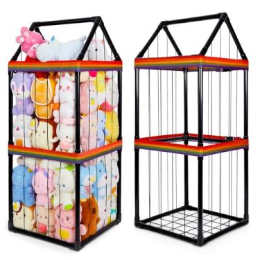 Imagem de Basumee Armazenamento de animais de pelúcia para animais de pelúcia com duas tiras de arco-íris, tubo de PVC, organizador de brinquedos para meninas, meninos, berçário, sala de jogos, quarto, preto