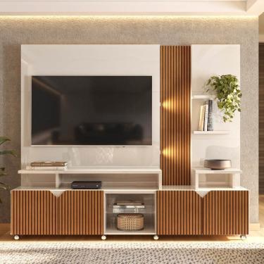 Imagem de Estante Home Cross para TV até 55 Polegadas 4 Portas Prateleiras Luz Led e Rodízio Off White/Tauari - Lukaliam