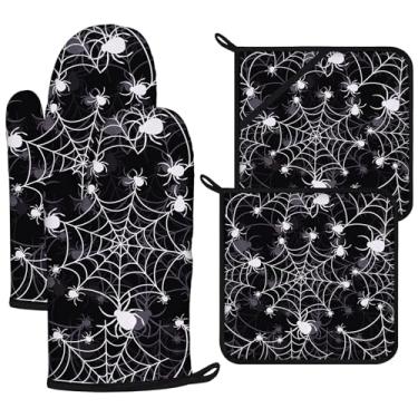 Imagem de Conjuntos de luvas de forno e suportes de panela de teia de aranha, 4 peças, luvas de forno extralongas para cozinha, cozinhar, assar, churrasco, 100% algodão, resistente ao calor