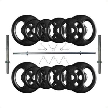 Imagem de Kit com 40 Kg de Anilhas Ferro Fundido + Barras de Supino e Halteres -