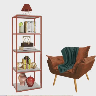 Imagem de Kit Poltrona Fatte com Manta Soft Verde e Estante Livreiro Ferro Bronze mdf Marmorizado Cinza Suede Terracota - Ahazzo Móveis