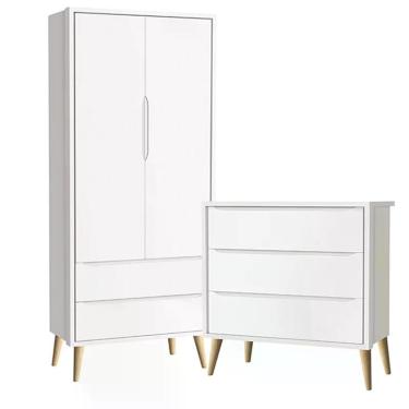 Imagem de Guarda Roupa 2 Portas e Cômoda 3 Gav Theo Pés Madeira Natural - Reller Móveis Branco Fosco