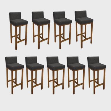 Imagem de Kit 09 Banqueta Alta Com Encosto Loren Cozinha Balcão Bistrô Base Madeira Carvalho Tecido Sintético Cinza - Ahz Móveis