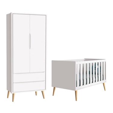 Imagem de Berço Americano e Guarda Roupa 2 Portas Infantil Theo Branco Acetinado com Pés Madeira Natural – Reller