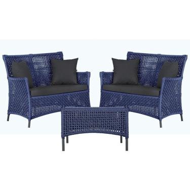 Imagem de 2 Sofás E Mesa Igapó Alumínio Preta Corda Náutica E11 Trama Azul