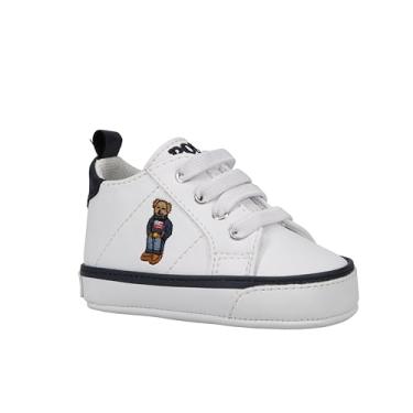 Imagem de POLO RALPH LAUREN Tênis unissex para berço Quilton Bear Gore Hi (infantil), Branco/Azul marinho, 0 Infant