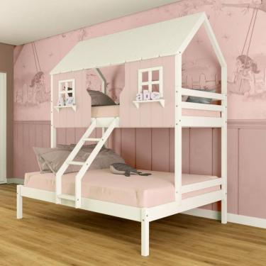 Imagem de Beliche Casal/ Solteiro Casinha Encantada Madeira Maciça Rosa/ Branco Megamobilia