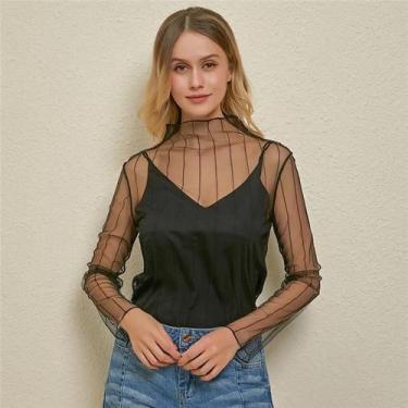 Imagem de Blusa Feminina Sexy de Renda com Manga Longa - Gola Listrada, Bolinhas