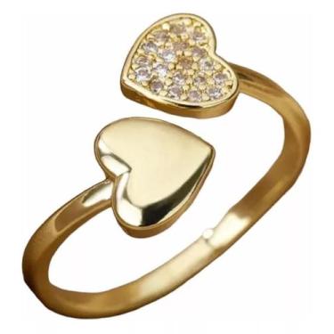 Imagem de Anel Ajustável Feminino Dois Corações - Banhado A Ouro 18K - Tojoia18K