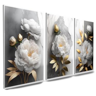 Imagem de Quadros Decorativos Flor Tulipa Dourada e Branca 3 Peças Mosaico Sala Quarto Escritório (08, Tamanho 20x30 Centímetros)