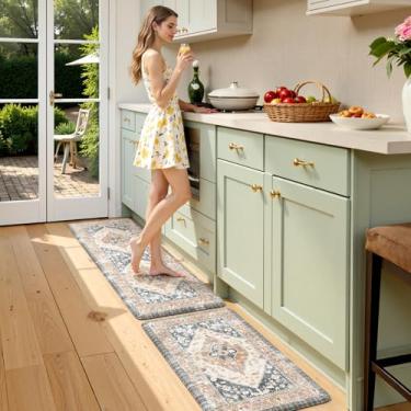 Imagem de KIMODE Tapetes antifadiga para cozinha 2 peças estilo fazenda, antiderrapantes, impermeáveis, com espuma acolchoada confortável para piso, escritório, pia, mesa ou lavanderia, colorido em azul