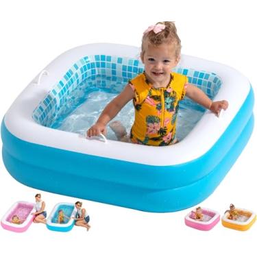 Imagem de Baby Pool with Cushioned Floor, Grip Handles and Drain - Skin Safe Small Square Inflatable Kiddie Pool, Bathtub and Ball Pit, for Babies, Infants and Toddlers 1-3, 34" Summer Blue