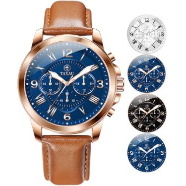 Imagem de Taxau Relógios masculinos casuais, de couro, à prova d'água, modernos, analógicos, quartzo, mostrador grande, com cronógrafo, data luminosa, Azul rosa NKLH-T-G8407, round, Minimalista